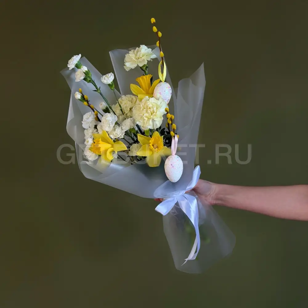 226578 Букет из нарциссов, гвоздик и вербы 
